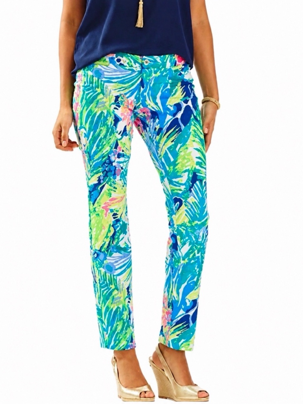 Lilly Pulitzer Tropical Print Ankle Pants in Bright Blue & Lime